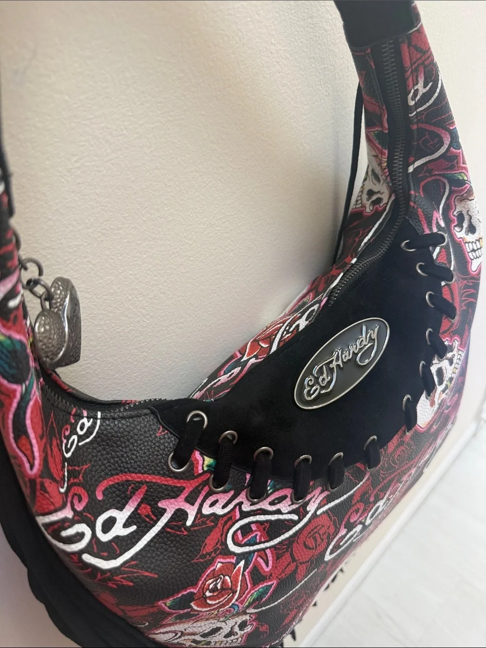 NWT Ed Hardy Skull & Rose Fringe Hobo